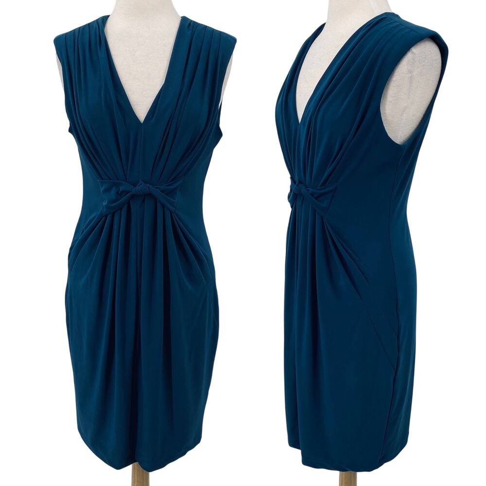 Komarov Pleated Sheath Dress V Neck Cinched Waist Jersey Knit Teal Blue Large